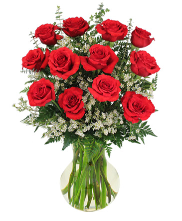 Classic red rose bouquet arranged with lush greenery